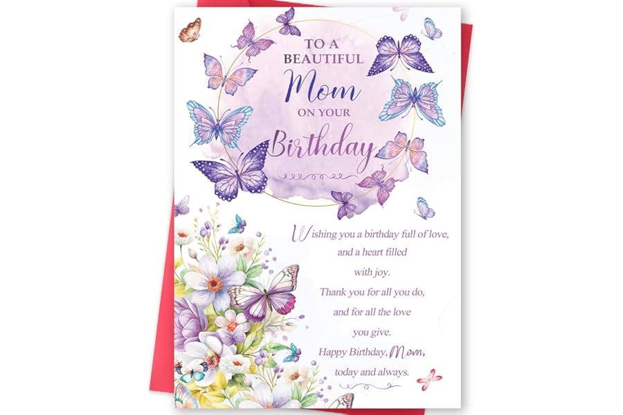 Missonemi Mom Birthday Card Gifts from Daughter Son Kids, Beautiful Butterfly Floral Greeting Card for Mother, Heartfelt Message, Purple Flower Keepsake, Birthday Decorations, Premium Quality