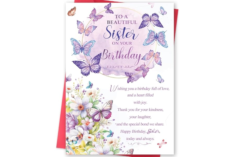 Missonemi Sister Birthday Card Gifts for Women, Beautiful Butterfly Floral Greeting Card for Sister from Brother, Heartfelt Message, Purple Flower Keepsake, Premium Quality