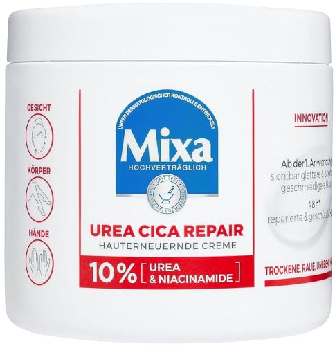 Mixa Urea Cica Repair+ Huidvernieuwende crème met ureum en niacinamide, voor droge en ruwe en oneffen huid, herstelt en, voor lichaam, handen en gezicht, 400 ml, combination of ureum and amino acid