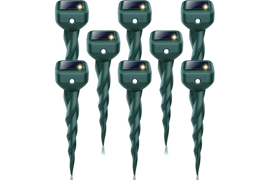 Mole Repellent Solar Powered, 8 Pack Snake & Skunk Repellent for Yard, IP 65 Waterproof Ultrasonic Deterrent Stakes, Get Rid of Rabbit, Gopher, Vole, Chipmunk, Deer, Groundhog for Lawns Garden