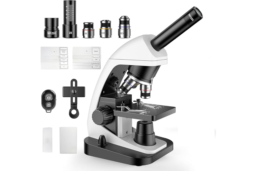 Monocular Biological Compound Microscope, 2000X High Magnification, Universal for Adults, Students & Kids, Professional Lab Teaching Instrument with Phone Adapter,Complete Slides Set，Black