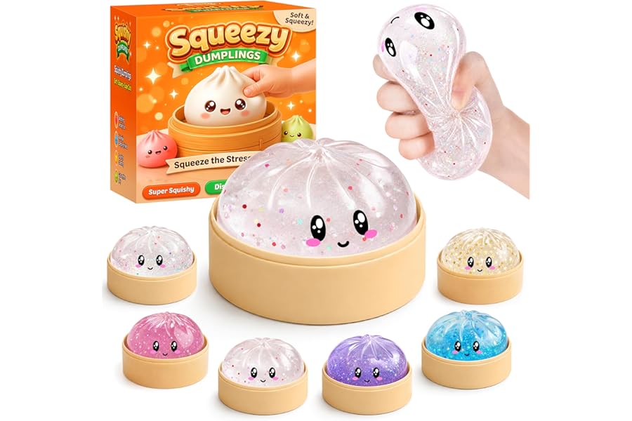 Mystery Glitter Dumpling Squishies with Steamer Box – Cute Bao Bun Stress Ball – Soft Squeeze Sensory Toy for Stress Relief – Sensory Fidget Toy Gift for Kids, Teens & Adults (Glitter White)