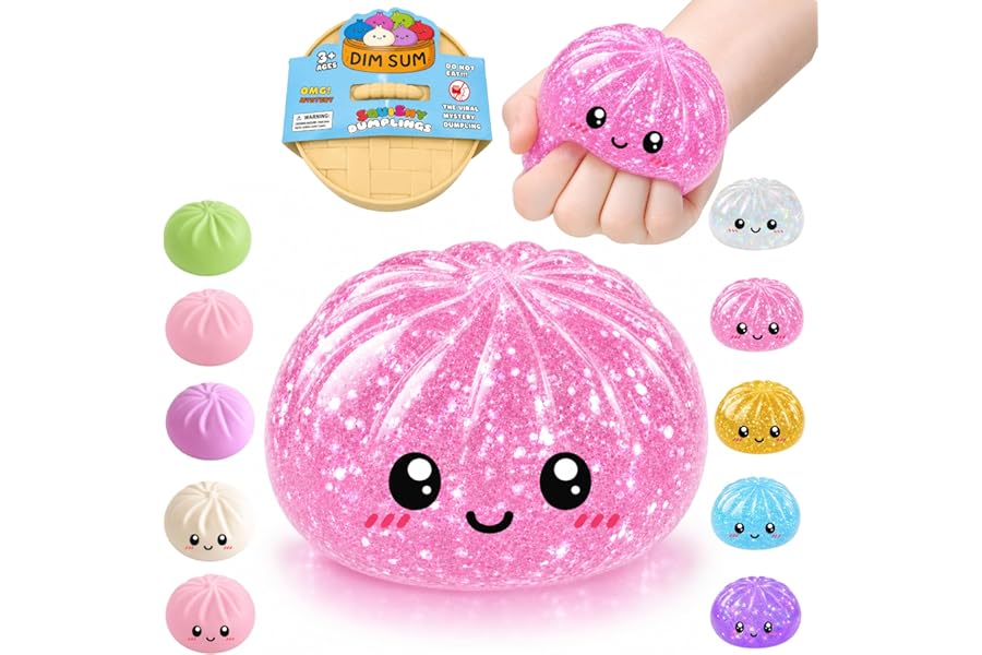 Mystery Glitter Dumpling Squishy Pack with Steamer Box – Soft Bao Bun Stress Ball, Sensory Fidget Squeeze Toy for Stress & An