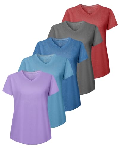 NebuKinex 5 Pack Workout Shirts Women V-Neck T Shirts Athletic Short Sleeve UPF UV Sun Protection Quick Dry Gym Running Yoga Tops-M