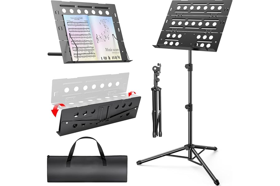 New bee Music Stand, Foldable Sheet Music Stand with Tri-fold Panel & Carrying Bag, Height Adjustable up to 58.3" Metal Book Holder for Sitting/Standing, Professional Performance & Travel