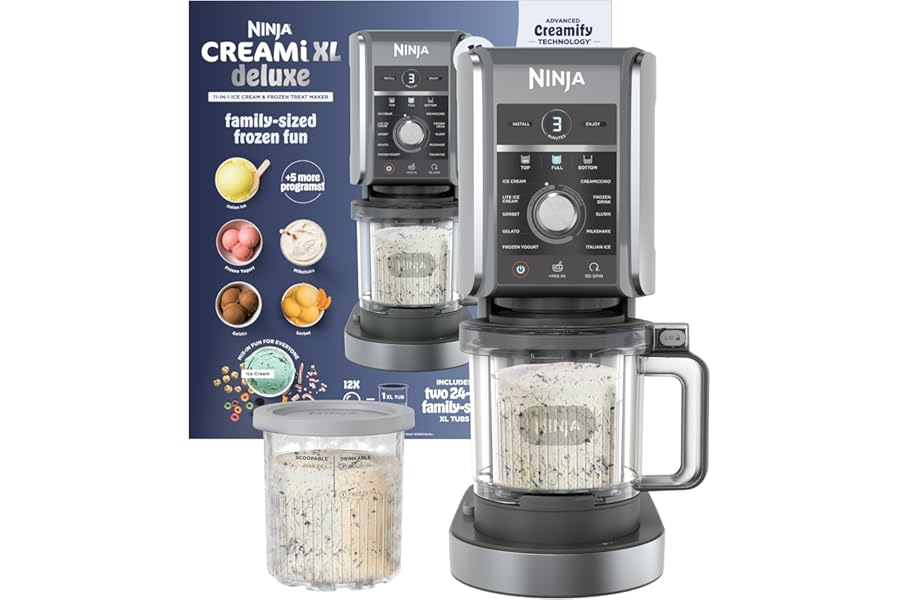 Ninja CREAMi Deluxe Ice Cream Maker | 11-in-1 Create Frozen Desserts, Sorbet, Milkshakes, Yogurt & More | Includes 2 Dishwasher Safe XL 24 Oz. Tubs with storage lids | Silver | NC501