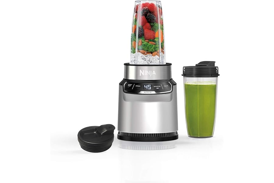 Ninja Nutri-Blender Pro with Auto-iQ | For Smoothies, Shakes, Frozen Drinks, Salsa, Dips | (2) 24-oz. To-Go Cups & Spout Lids | 1100-Peak-Watt | Silver | BN401