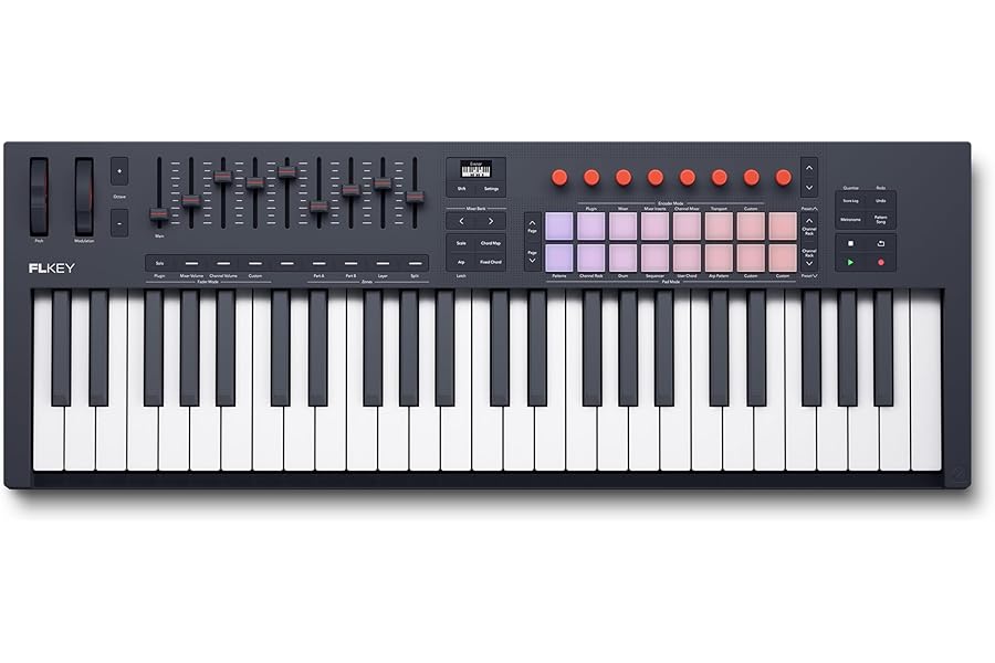 Novation FLkey 2 49 — 49-Key MIDI Controller Keyboard for FL Studio. Make Beats with Semi-Weighted Keys, USB, Pitch & Mod Wheels, 16 Drum Pads, and Arpeggiator — Inc. 6 Months of FL Studio