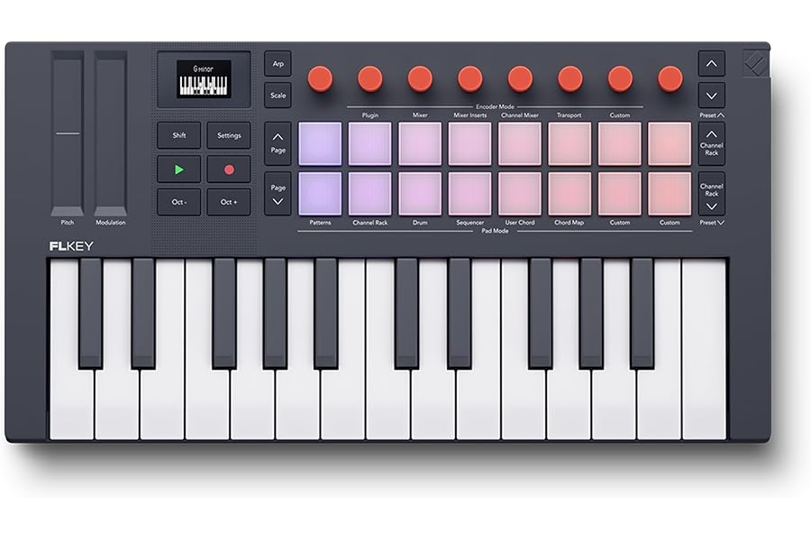 Novation FLkey 2 Mini 25 — 25-Mini-Key MIDI Controller Keyboard for FL Studio Beginners. Make Beats with USB, Pitch & Mod Strips, 16 Drum Pads, and Arpeggiator — Inc. 6 Months of FL Studio