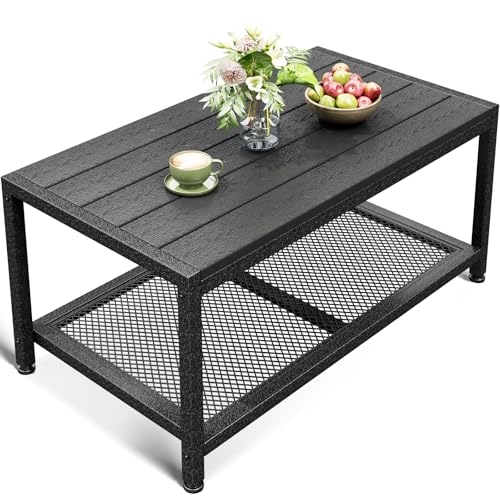 ODK Outdoor Coffee Table with Double-Layer Storage, Rectangle Weather-Resistant Patio Coffee Table for Garden, Balcony, Hot Tub, Poolside, Heavy-Duty Metal Frame, Black