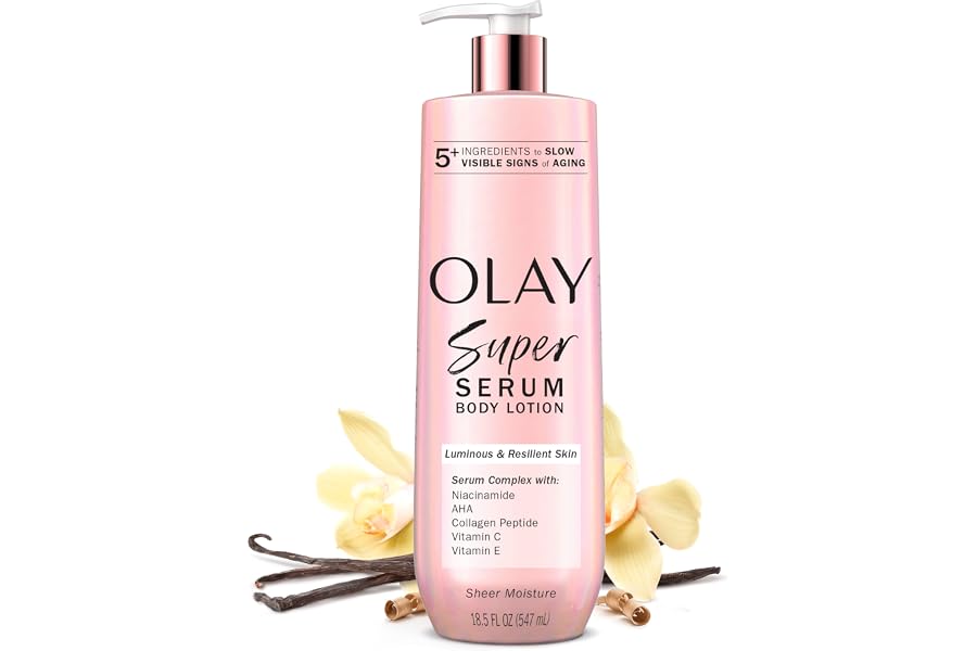 Olay Super Serum Hand & Body Lotion for Dry Skin, 24hr Long Lasting Hydration, 5+ Ingredient Complex for Bright Even Firm Luminous Skin, Sweet Vanilla & Soft Wood Scent, 18.5 fl oz