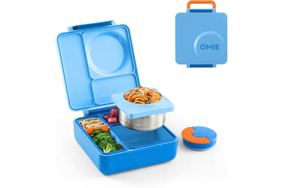 OmieBox Bento Box for Kids - Insulated Bento Lunch Box with Leak Proof Vacuum Insulated Food Jar - 3 Compartments, Two Temperature Zones (Blue Sky)