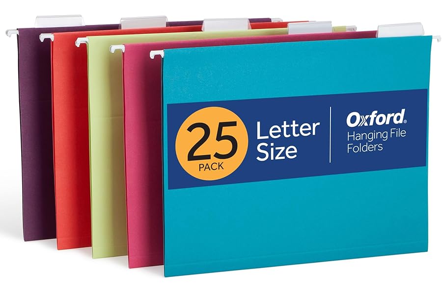 Oxford Hanging File Folders, 25 Pack, Letter Size (8.5" x 11"), 5 Bright Colors, 5 Tab Positions, Includes Tabs and Inserts, Hanging Files for Office and Document Organization