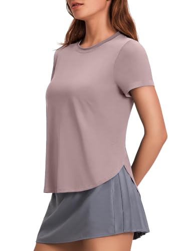 PINSPARK Athletic Tops for Women Short Sleeve Workout Shirts UPF 50+ Tennis Top with Side Slit Moisture Wicking Pilates T-Shirt, Warm Ash Grey Medium