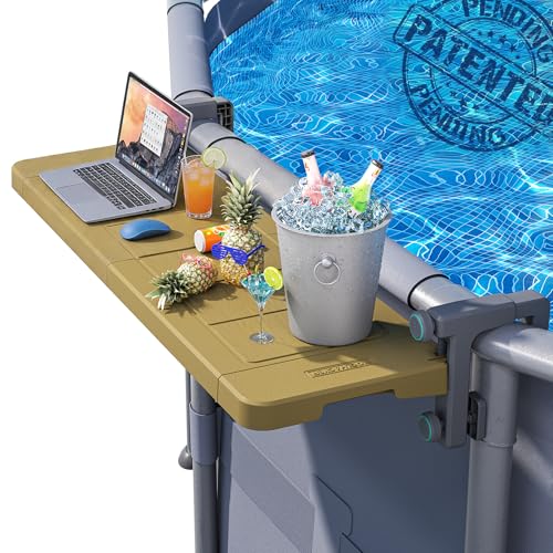 POOLHACKER Poolside Bar, [Original] Swim Up Bar Exclusively for Above-Ground Round Pools. Patio Poolside Table Smart Fold Easy Maintenance, Weather Resistant Stable Tabletop (Amber Brown)