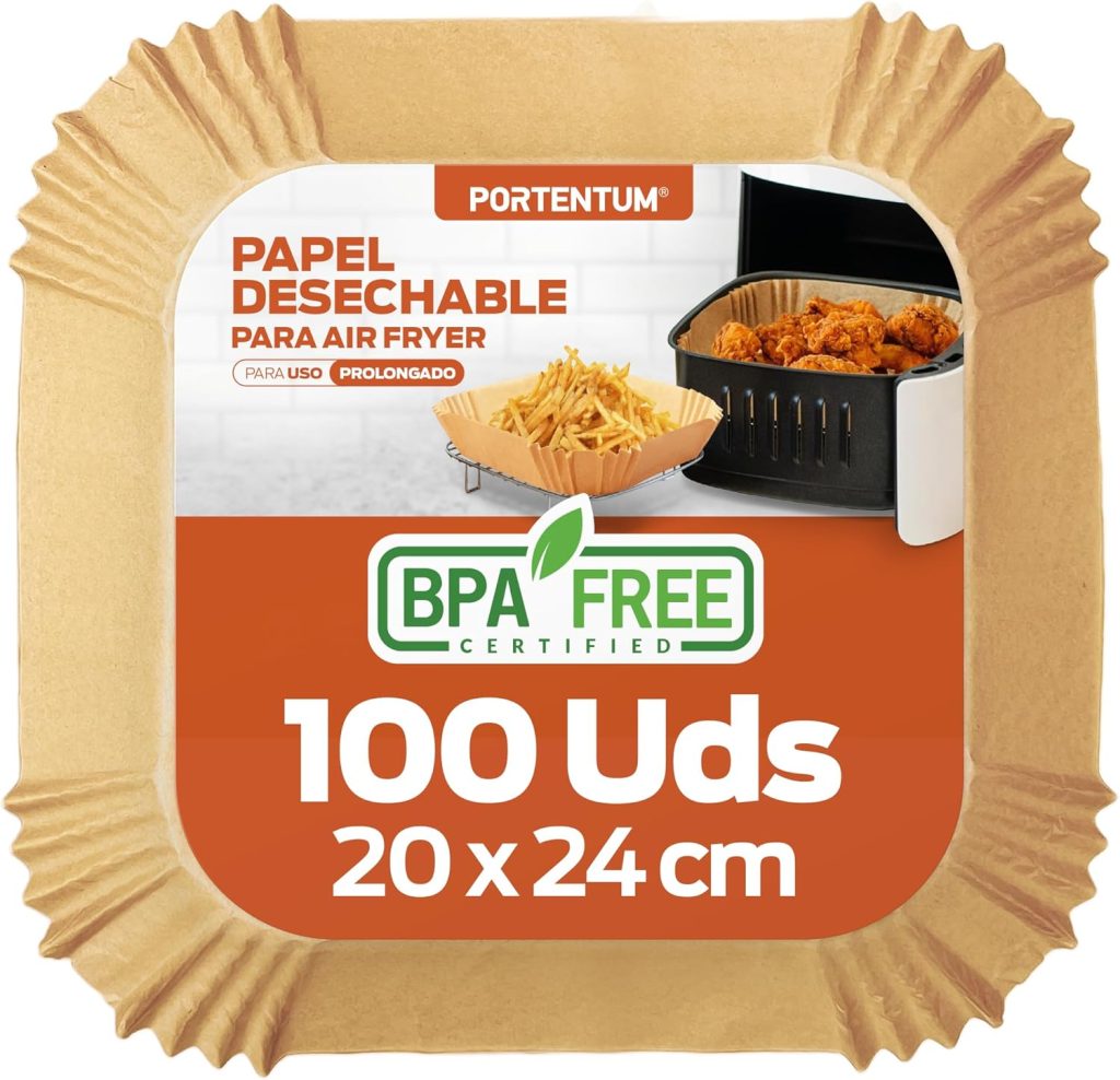 PORTENTUM Papel freidora aire 100 unidades de 20-24 cm Cuadrado. Para Air Fryer, Grado alimenticio con triple certificación BPA free, FDA y LFGB