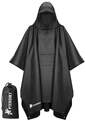 PTEROMY 3-in-1 Hooded Rain Poncho for Adult with Pocket, Waterproof Lightweight Unisex Raincoat for Hiking Camping Emergency (Black)