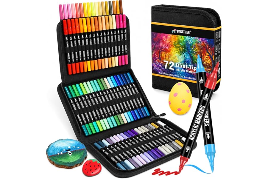 Pagather 72 Colors Acrylic Paint Markers, Dual Tip with Fine Tip and Brush Tip Pens for Stone, Wood, Calligraphy, Canvas, Ceramic, Metal, Glass, Rock Painting, DIY Crafts Art Supplies Kit