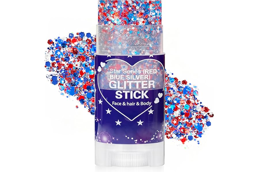 Patriotic Red White and Blue Hair Glitter Stick, 4th of July Accessories, AmericaFlag Face Body Glitter for Fourth of July Outfits Women, Waterproof Glitter Makeup for Independence Day Anniversary