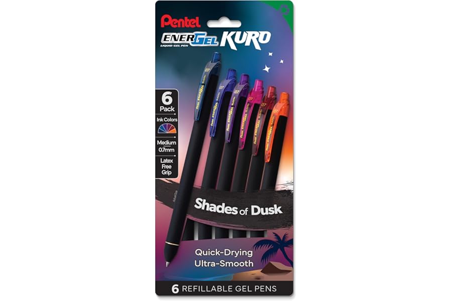 Pentel EnerGel Kuro Shades of Dusk, Retractable Liquid Gel Pen, Assorted Ink Colors, 6pk (BL437DUSPF6)