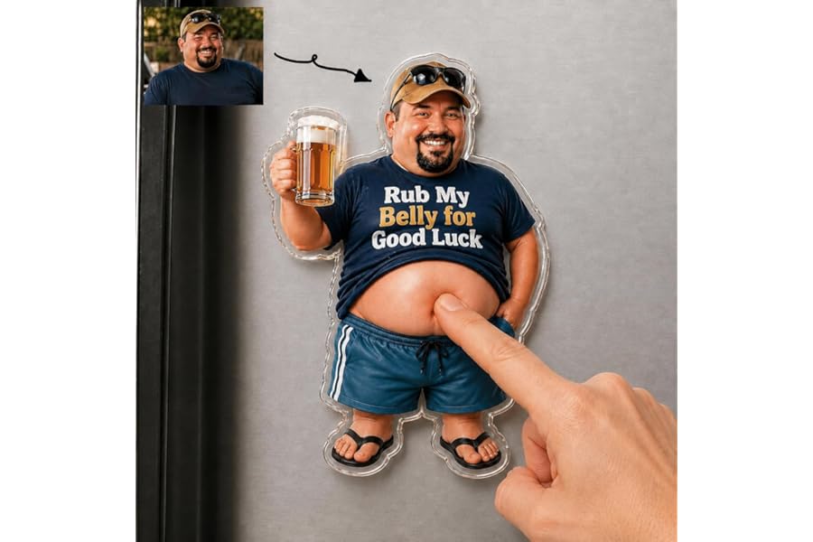 Personalized Father's Day Fridge Magnet Custom Photo & Text Funny Dad Gift Squeeze Belly Refrigerator Magnet, Fathers Day/Bir