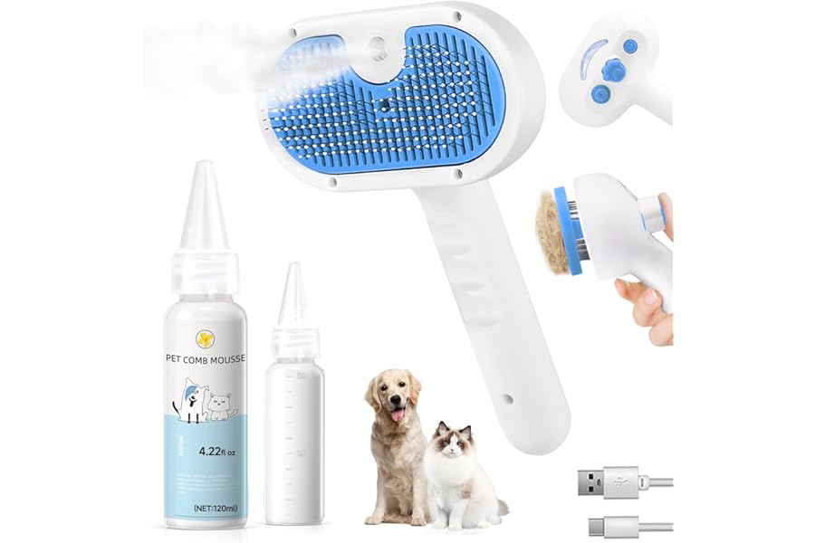 Pet Steam Brush for Dog & Cat - 3-in-1 Steam Grooming Brush for Shedding & Hair Removal - Self Cleaning Spray Comb with Mist for Long Haired Pets - Includes 1*Waterless Shampoo, Blue.