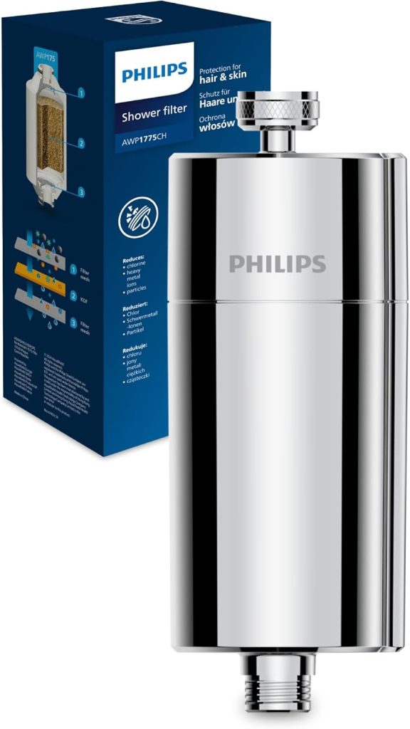 Philips Water filtro de ducha en línea – incluye 1 cartucho, filtración hasta 50.000 L, color cromado, reduce cloro hasta un 99%, fácil de instalar, compatible con la mayoría de duchas
