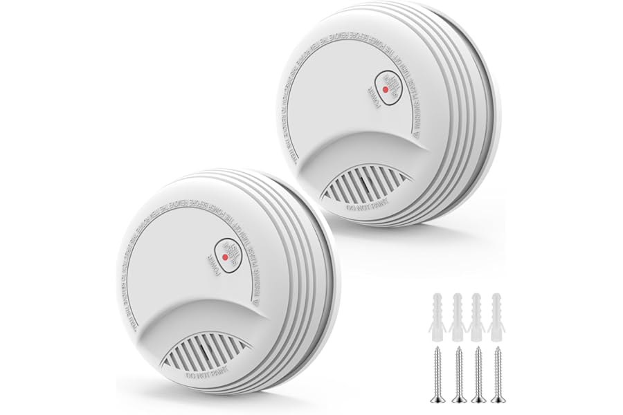 Photoelectric Smoke Detector with 9V Battery Included Smoke Alarm, 10-Year Sensor, Test/Silence Button, Low Battery Warning, Easy Mount, 2 Pack Fire Alarm for Home Bedroom Living Room