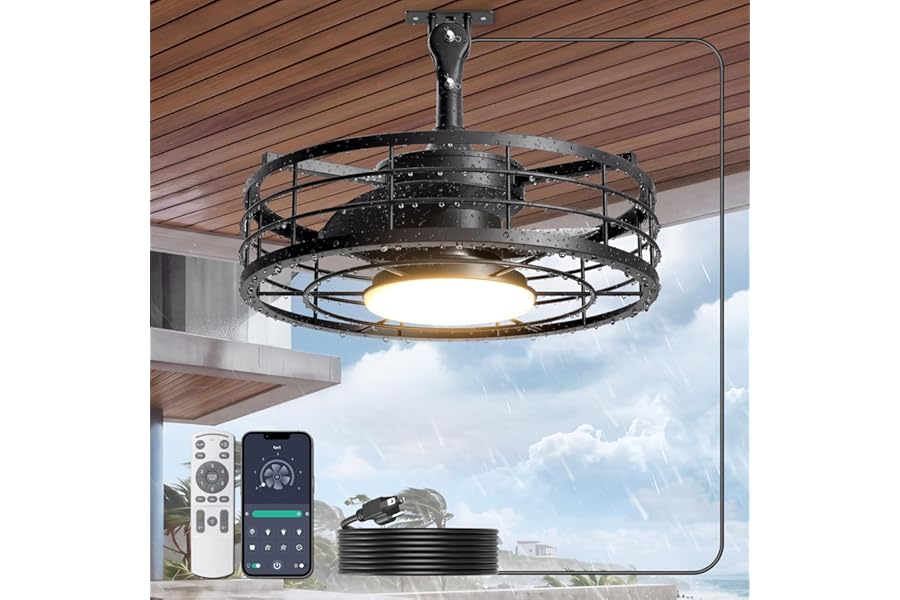Phylluz Outdoor Ceiling Fan with Lights - 16'' Wet Rated Gazebo Fan Remote/APP Control, Caged Hanging Fan Plug and Play for Covered Patio Porch, Black