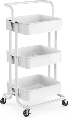 Pipishell 3 Tier Rolling Cart, Metal Utility Cart with Wheels and Handle, Rolling Storage Cart for Nursery Room, Living Room, Painting Room, Office and Kitchen, White