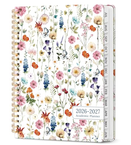 Planner 2026-2027, Academic Year Monthly and Weekly Calendar Planner, Jul 2026 - Jun 2027, Hardcover Teacher Student Planning Agenda book with Tabs, Perfect for School Office Supplies, 6.3" x 8.5" - Wildflowers