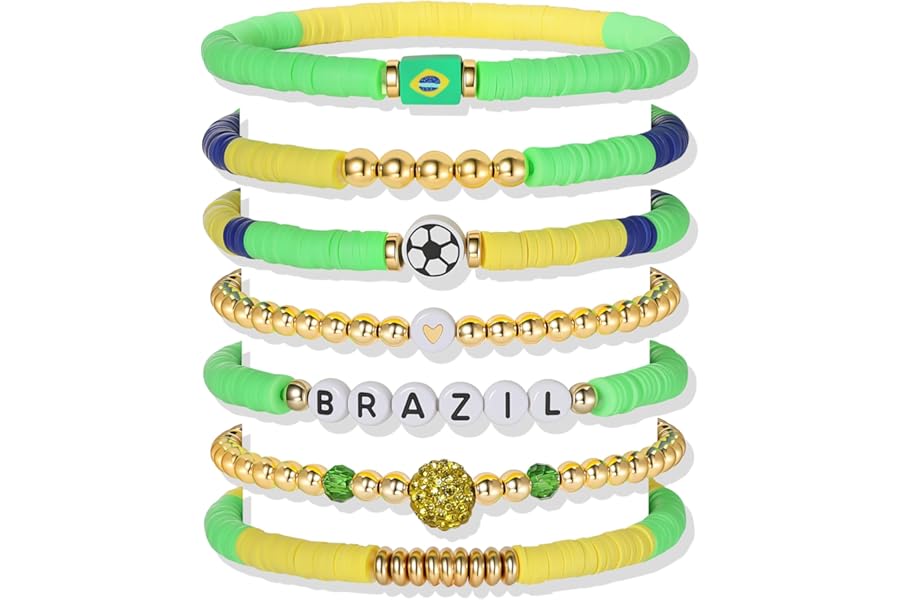 Poasrelax World Soccer Game-day Cup Bracelet Stack Set 7pcs Softball/Baseball/Basketball/Soccer/Volleyball/Tennis/Football Stretch Sports Fans Jewelry Sports Beaded Bracelets with Charms