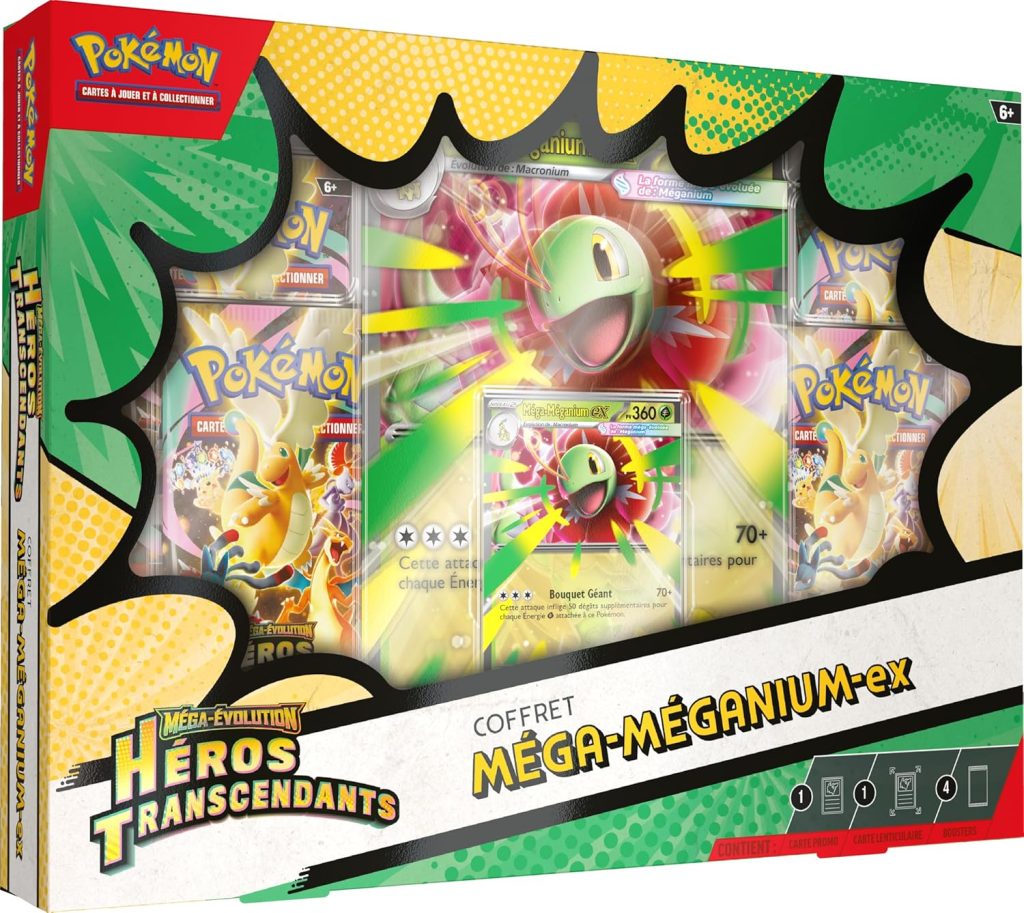 Pokémon : Coffret Méga-Évolution – Héros Transcendants – Méga-Méganium-ex (1 Carte Promo Brillante, 1 Carte Grand Format lenticulaire et 4 boosters)