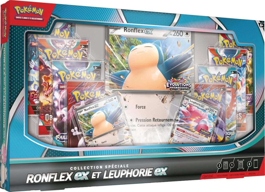 Pokémon : Collection spéciale Ronflex-ex et Leuphorie-ex du JCC Pokémon (2 Cartes Promo Brillantes, 1 Carte Grand Format Brillante et 8 boosters)