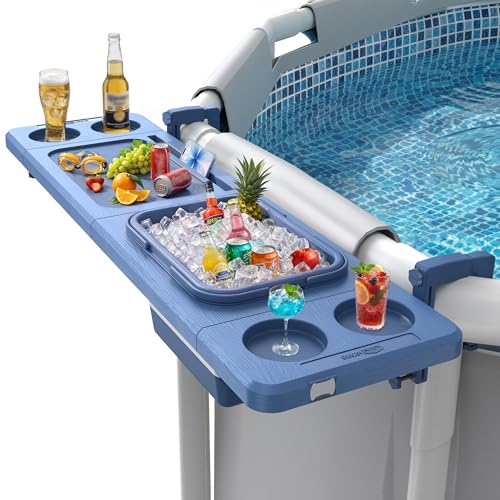 Poolside Bar with Ice Bucket, Poolside Bar Table with Adjustable Support Bracket Fits Above-ground Pools, Swim Up Bars Up to 110lbs, Patio Poolside Table Smart Fold ＆Weather Resistant Stable Tabletop