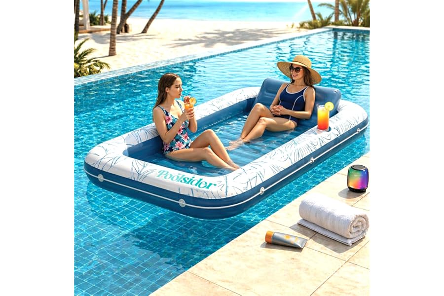 Poolsider Inflatable Tanning Pool Lounger |Large Inflatable Tanning Bed for Adults -4 in 1 Multipurpose Sunbed Tub | Pool Floats Adults