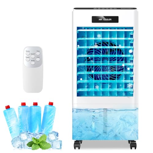 Portable Air Conditioners, 3-in-1 AC Cooling Fan 3 modes 3-Speed with Remote Control & 4 Ice Boxes, Evaporative Air Cooler with 8L Tank 20H Cooling, for Home, Bedroom, Kitchen (White)