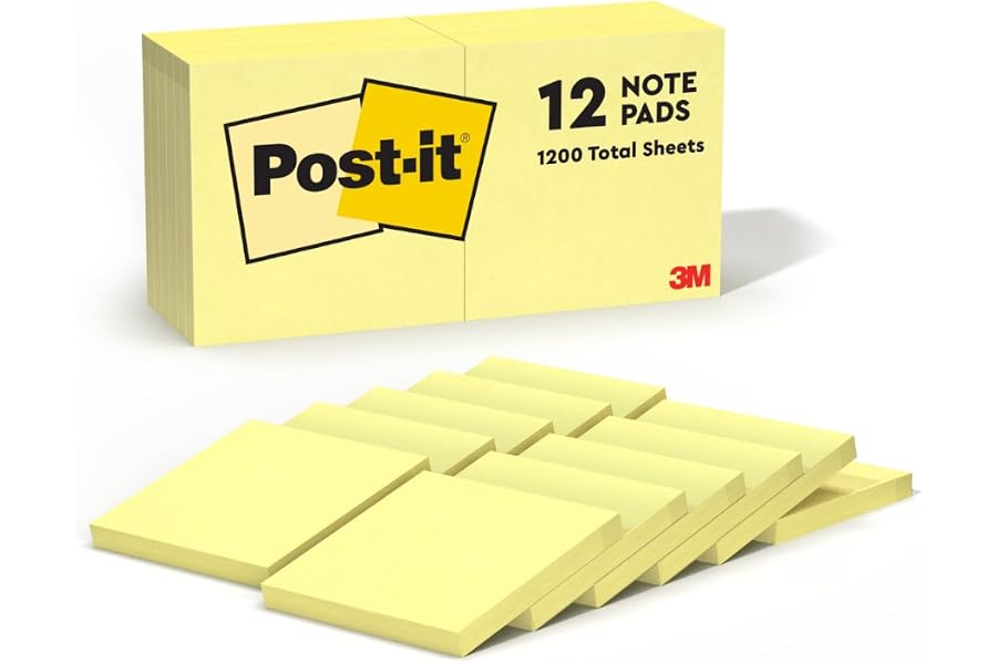 Post-it Notes, 12 Sticky Note Pads, 3 in. x 3 in., Ideal for Second School Semester and New Year Office Supplies, Easy to Reposition Memo Pads Set, Great for Books and Paper, Canary Yellow