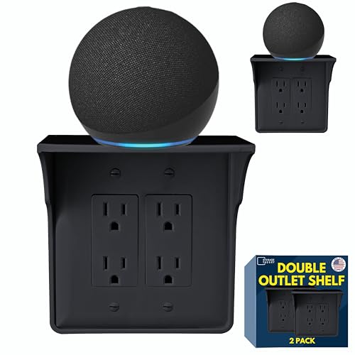 Power Perch Double Outlet Shelf Organizer for Alexa Echo Dot Speakers, Phone - Wall Outlet Holder with Cord Storage Strap - Socket Shelf Bathroom Kitchen Counter Charging Station - Black 2 Pack