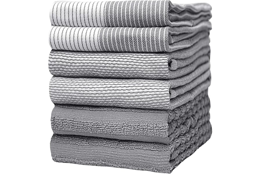Premium Kitchen Towels (20”x 28”, 6 Pack) | Large Cotton Dish Towels | Flat & Terry Highly Absorbent Kitchen Linen Set with Hanging Loop | Gray