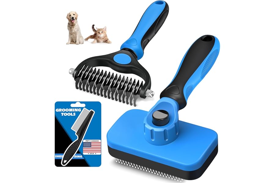 Professional 3PCS Self Cleaning Slicker Brush & Pet Grooming Rake & Flea Comb for Dogs,Cats and Horses | Double-Sided Dematti