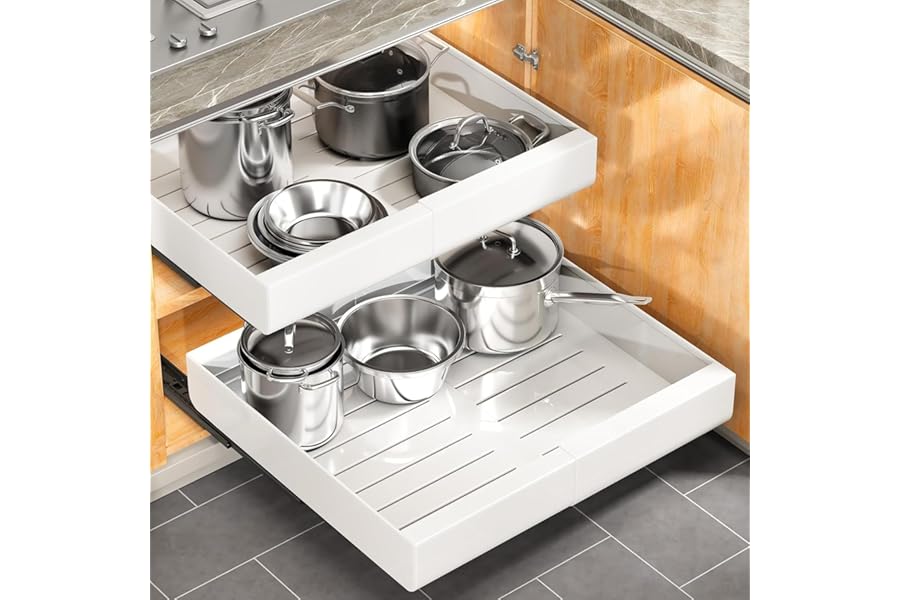 Pull out Cabinet Organizer, 2-pack, Expandable(12"-20") Heavy Duty Slide out Drawers Fixed with Adhesive Nano Film for Pots,