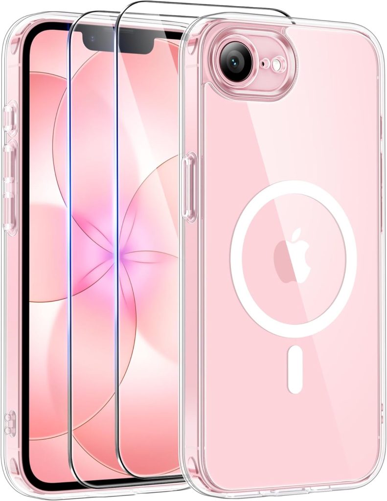 Qasyfanc Coque Magnétique pour iPhone 17e/iPhone 16e Compatible avec MagSafe avec 2 Verre trempé Protection écran, Anti-Jaune Antichoc Caméra Protecteur pour iPhone 17e/iPhone 16e-Transparente