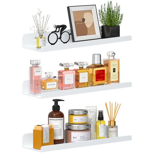 Qukaka Floating Shelves for Wall Decor, 15" Wall Shelves for Bedroom, Living Room, Kitchen, Bathroom Decor, Nail Polish/Book/Decoration/Makeup/Perfume Organizer Floating Shelf-3Pack White