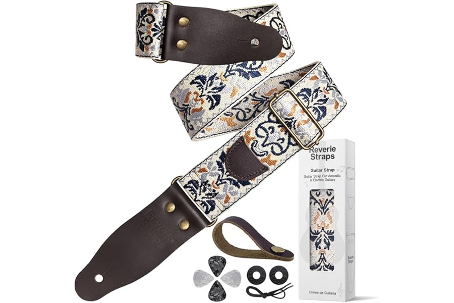 ReverieStraps Jacquard Embroidered Guitar Strap, Genuine Cowhide Leather Ends, Adjustable for Bass Electric Acoustic