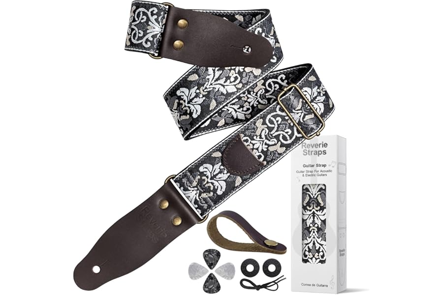 ReverieStraps Jacquard Embroidered Guitar Strap, Genuine Cowhide Leather Ends, Adjustable for Bass Electric Acoustic