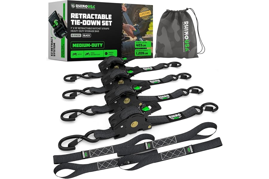 Rhino USA Retractable Ratchet Straps (4-Pack) - 1 Inch x 10 Feet (1,209lb Break Strength) - Auto Self Retracting Tie Down Straps for Truck, Cargo Trailer, Motorcycle, ATV, UTV - Black