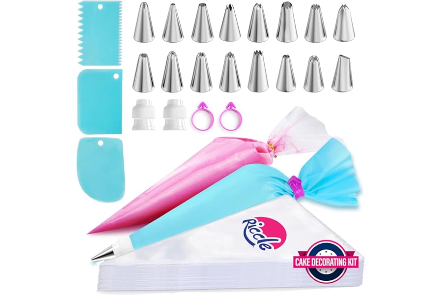 Riccle Piping Bags and Tips Set, 11.8 Inch 100 Anti Burst Piping Bags, 124 Pcs Cake Decorating Kit with 16 Piping Tips, 1 Reusable Pastry Bags, 3 Cake Scrapers, 2 Couplers, and 2 Icing Bags Ties