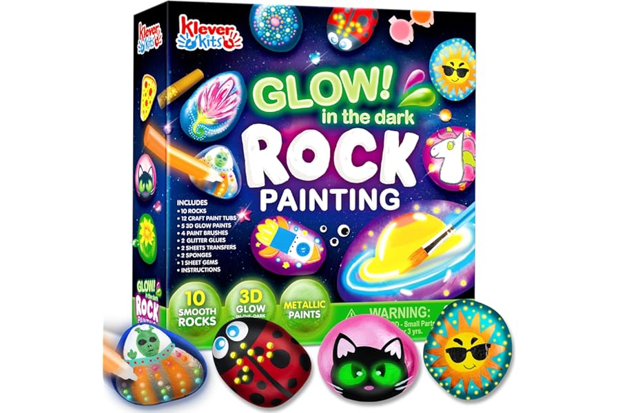 Rock Painting Kit- Glow in The Dark Rock Kit, Arts and Crafts for Kids Ages 6-12, Art Supplies Toy, Kids Craft Paint Kits, Arts & Crafts for Boys Girls Birthday Party Gift Toy