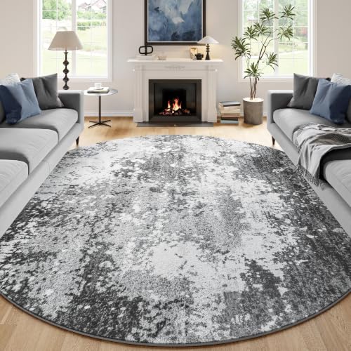 Round Rugs 8ft Washable Grey Circle Area Rug for Dining Room Table, Non Slip Soft Low Pile Stain Resistant, Boho Circular Carpet for Living Room Bedroom Dorm Entryway Kitchen, Abstract Gray
